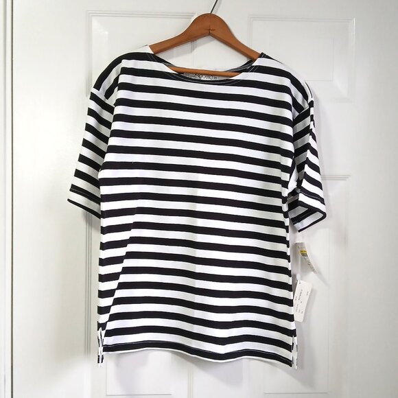 NWT Rafaella Black and White Striped Elbow Sleeve T Shirt Size Medium - Picture 1 of 9